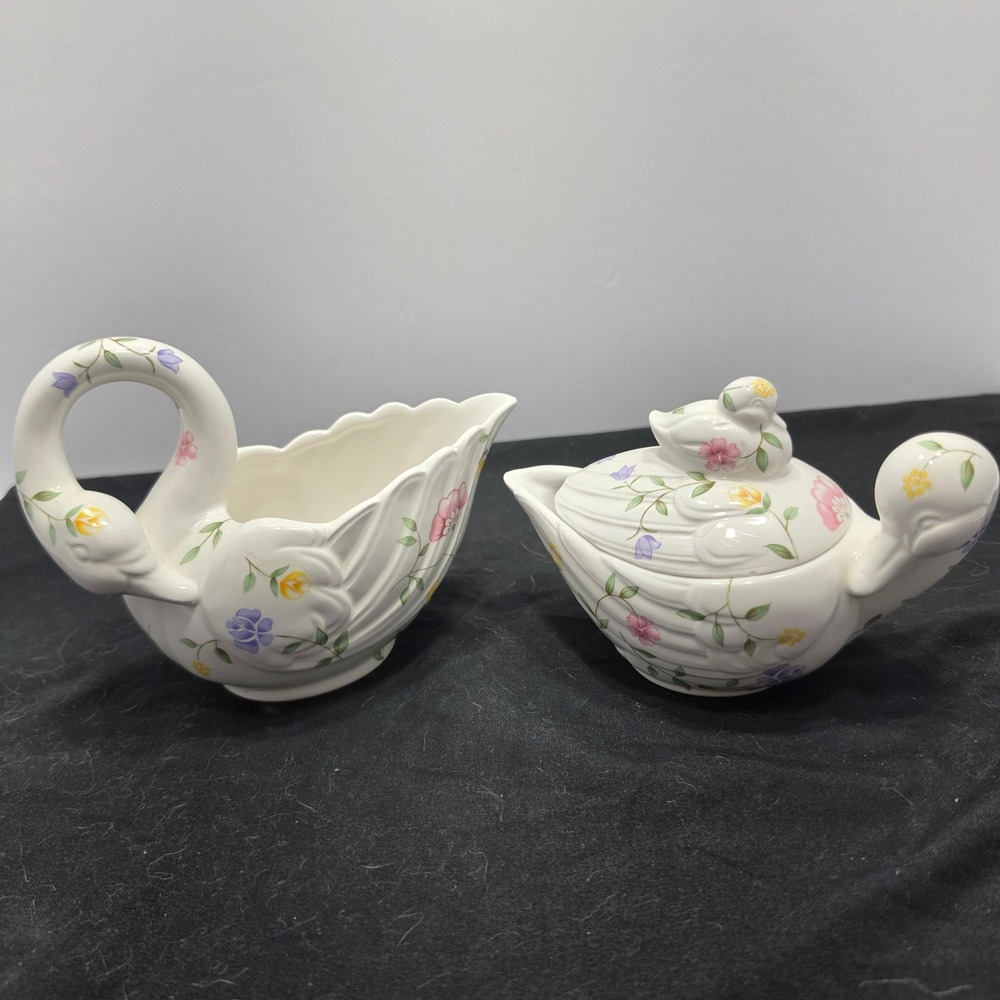 Johnson Brothers Summer Chintz Swan Creamer and Sugar Bowl Set Floral Ceramic